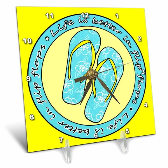 3dRose, Life is Better in Flip Flops - Light Blue and Yellow, 6x6 Desk Clock