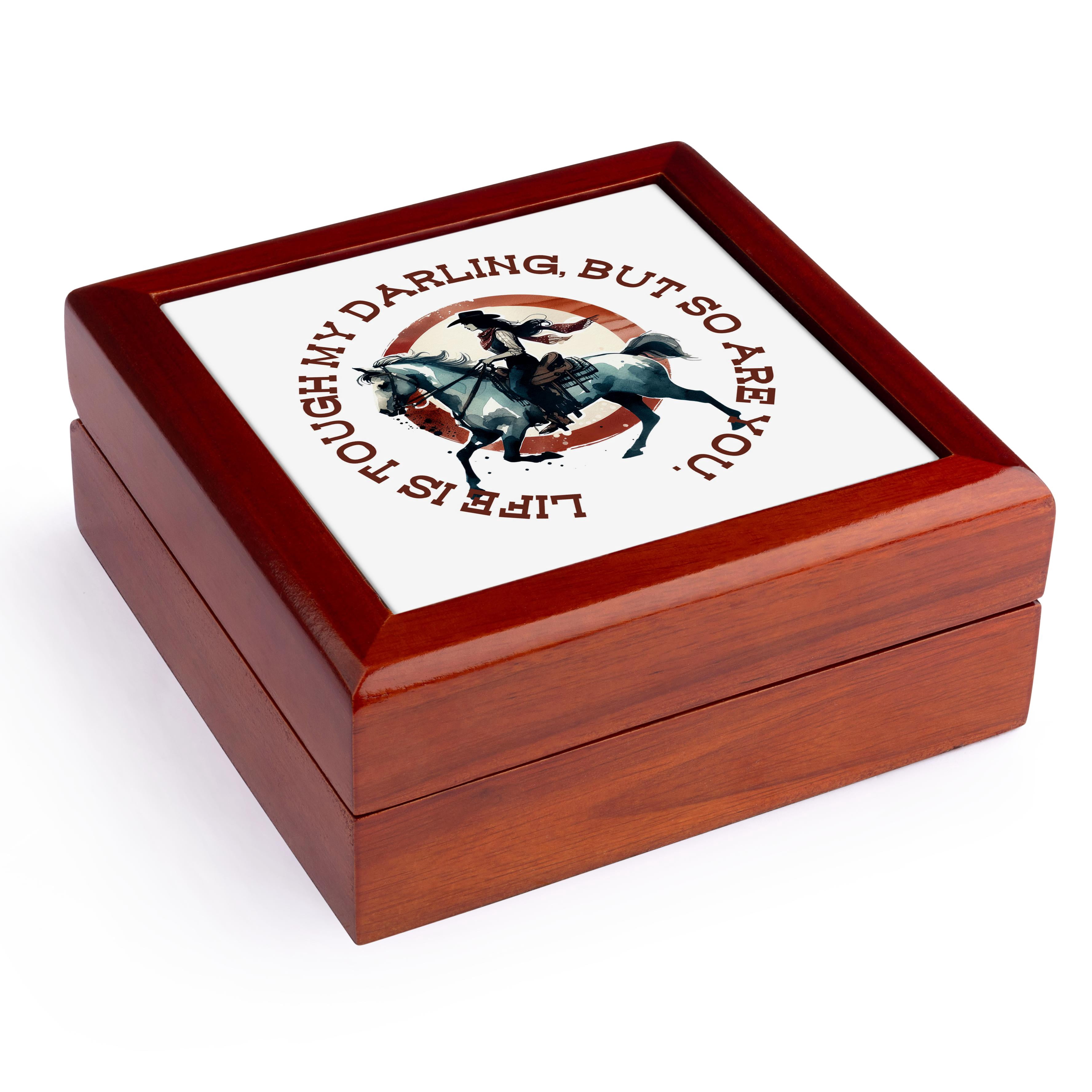 3dRose, Life is tough my darling, but so are you. Encouragement cowgirl gift, Jewelry Box 5.5x5.5 inch with 4 inch tile