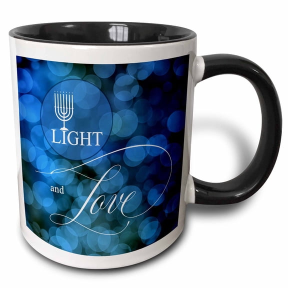 3drose, Light and Love Hanukkah Season with Menorah and Blue Bokeh, 11oz Two-tone Black Mug