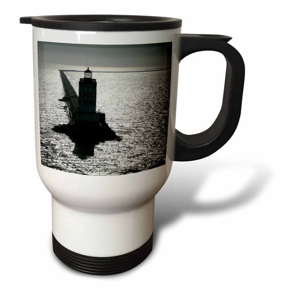 3drose, Lighthouse at the End of a Long Breakwater Long Beach California Usa, 14oz Stainless Steel Travel Mug