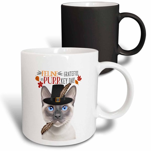 3drose, Lilac Point Siamese with a Turkey Feather and Pilgrim Hat Thanksgiving, 11oz Magic Transforming Mug