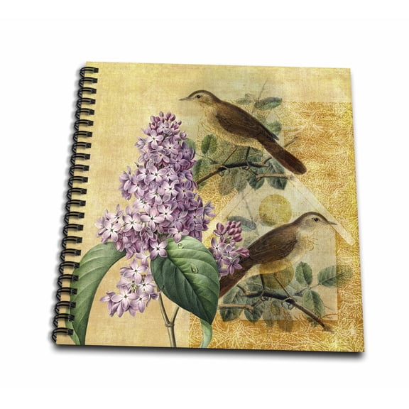 3dRose, Lilac flowers and Birds vintage, Drawing Book 8 x 8 inch