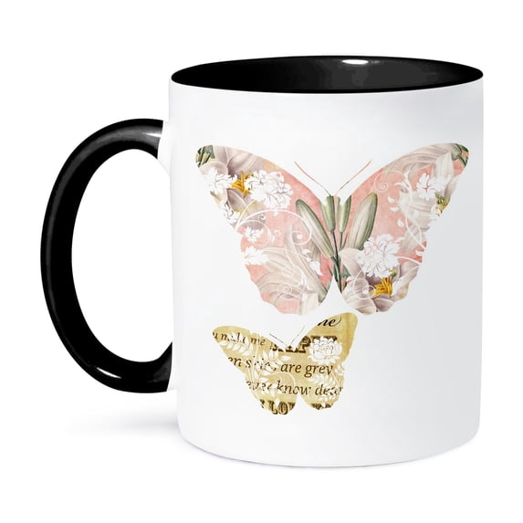 3dRose, Lilies botanical and You are my sunshine vintage Butterflies, 11oz Two-Tone Black Mug