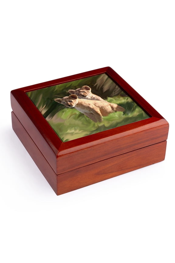 , Lion Cubs, Jewelry Box 5.5x5.5 inch with 4 inch tile