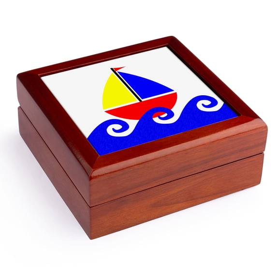 3dRose, Little Boy Cute Blue Red Yellow Sailboat, Jewelry Box 5.5x5.5 inch with 4 inch tile