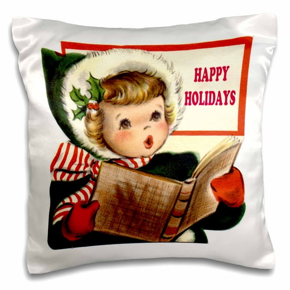 3drose, Little Girl Christmas Caroler Wishing Happy Holidays, 16x16 inch Pillow Case