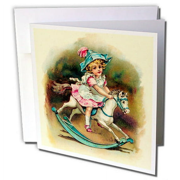 3dRose, Little Girl on Rocking Horse Cartoon, 1 Greeting Card with envelope
