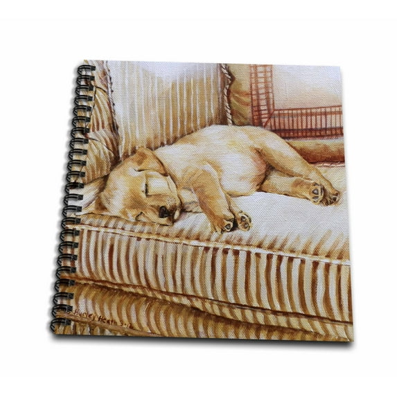 3dRose, Little Yellow Lab Puppy Sleeping In The Sun On A Golden Striped Couch, Drawing Book 8 x 8 inch