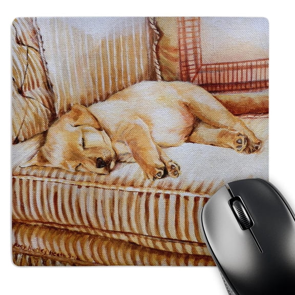 3dRose, Little Yellow Lab Puppy Sleeping In The Sun On A Golden Striped Couch, MousePad