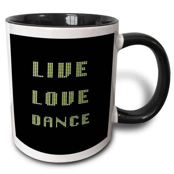 3drose, Live Love Dance Black and Yellow Geometric Seventies Disco Text, 11oz Two-tone Black Mug