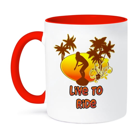 3dRose, Live to Surf beach art with sunset surfer and palm trees, 11oz Two-Tone Red Mug