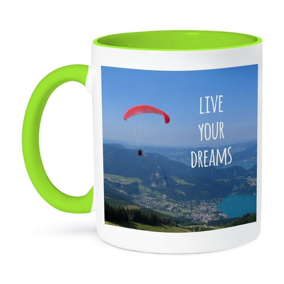 3dRose, Live your dreams and fly - Inspiring motivational words - motivating sayings - flying - paragliding, 15oz Two-Tone Green Mug