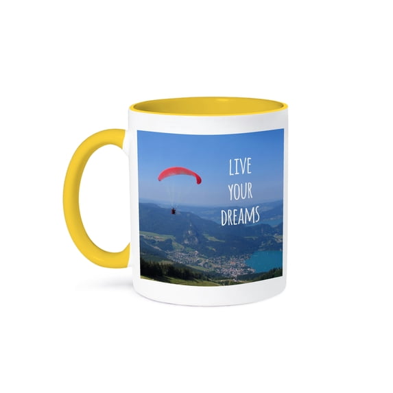 3dRose, Live your dreams and fly - Inspiring motivational words - motivating sayings - flying - paragliding, 15oz Two-Tone Yellow Mug