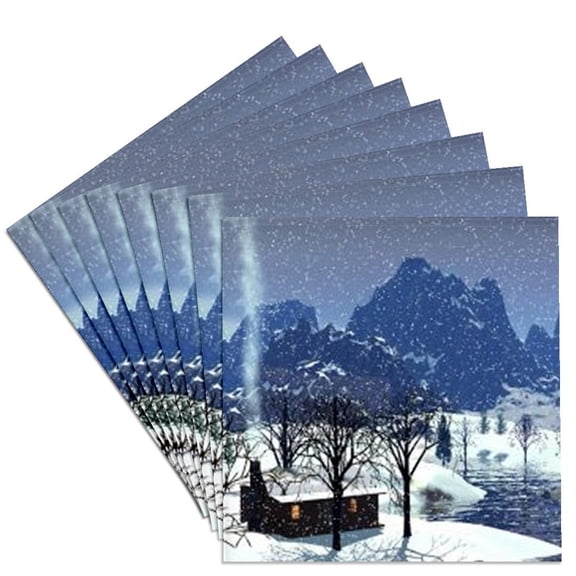 3dRose, Log Cabin in Snow Scene, Set of 8 Ceramic Tile Coasters