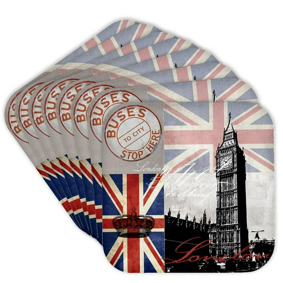 3drose, London Great Britain Illustration with Union Jack Flag, Set of 8 Coasters - Soft