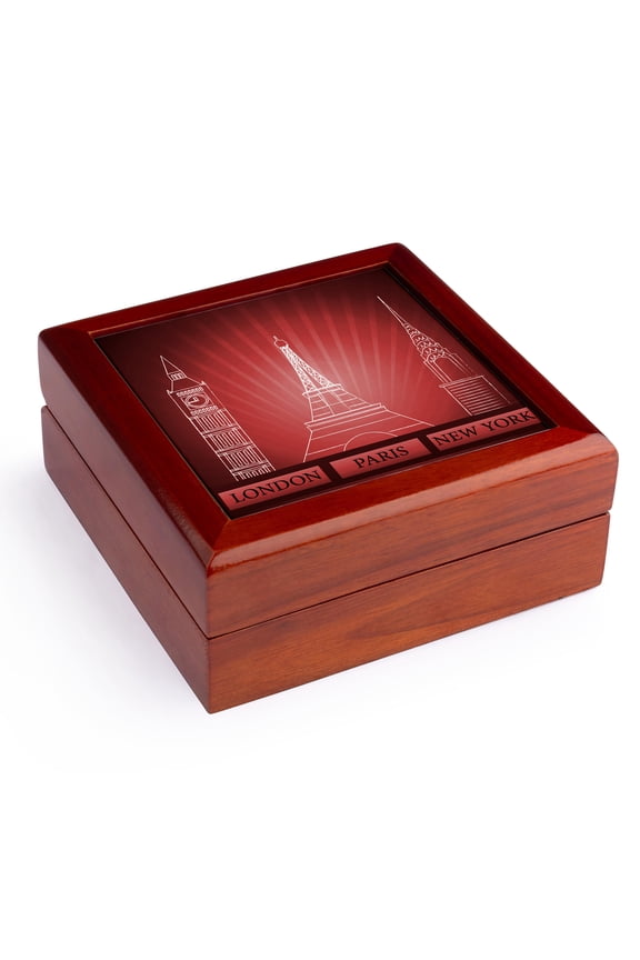 , London, Paris, and New York Historical Structures In Deep Red, Jewelry Box 5.5x5.5 inch with 4 inch tile