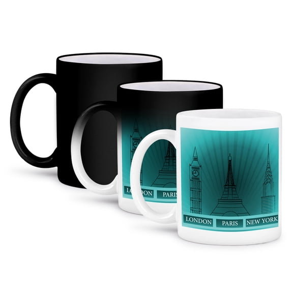 3dRose, London, Paris, and New York Historical Structures In Turquoise, 11oz Magic Transforming Mug