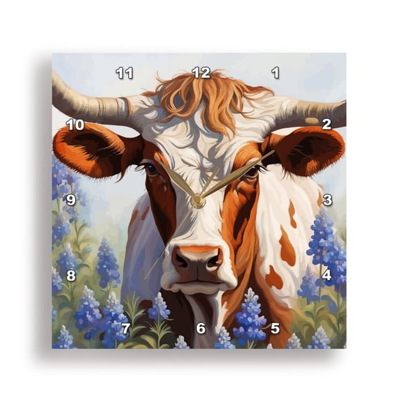 3dRose, Longhorn Cattle Surrounded By A Wreath Of Bluebonnet, 15x15 Wall Clock