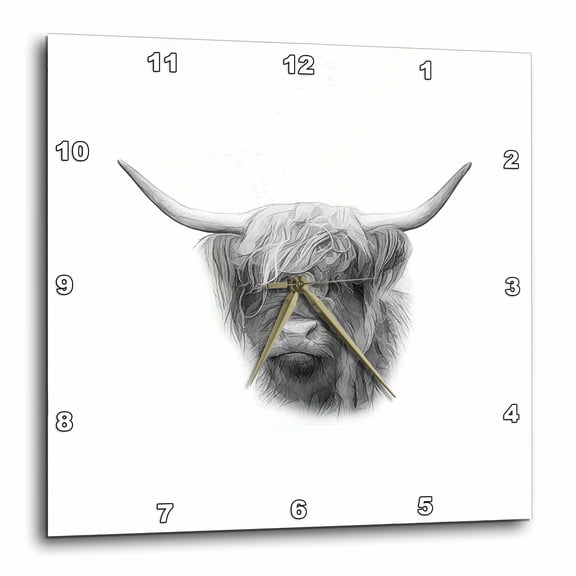 3drose, Longhorn Bull Head. Black and White Digital Pencil Drawing, 10x10 Wall Clock