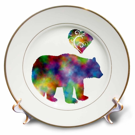 3dRose, Love Bear- Tie Dye Bear and Swirly Heart, 8 inch Porcelain Plate