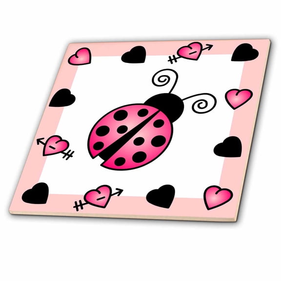 3dRose, Love Bugs Pink Ladybug with Hearts, 4 Inch Ceramic Tile