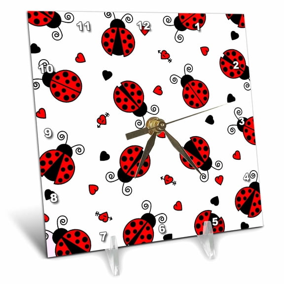 3dRose, Love Bugs Red Ladybug Print with Hearts, 6x6 Desk Clock