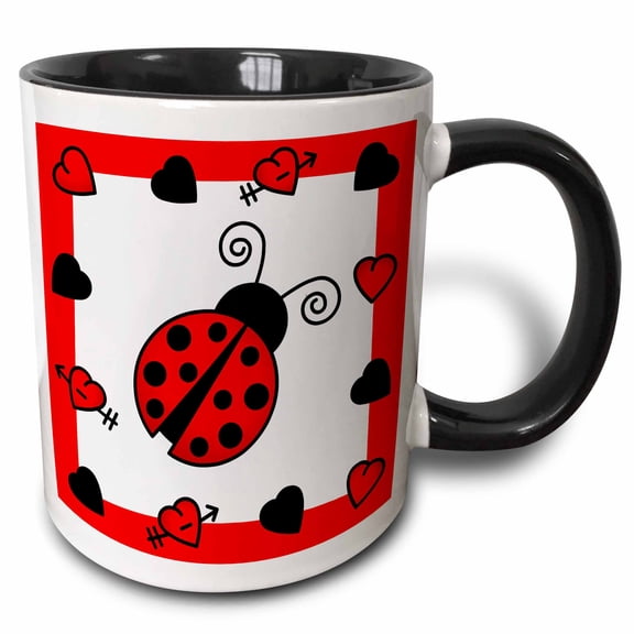 3drose, Love Bugs Red Ladybug with Hearts, 11oz Two-tone Black Mug