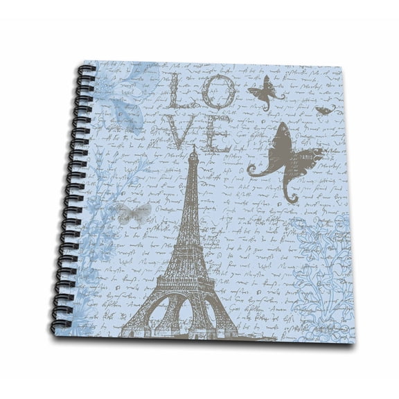 3dRose, Love Eiffel Tower Blue script and butterflies, Drawing Book 8 x 8 inch