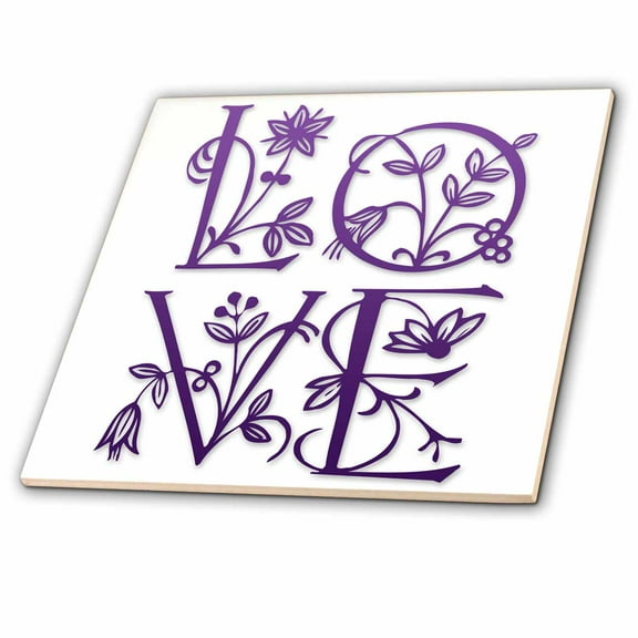 3dRose, Love Floral Text Purple, 12 Inch Ceramic Tile