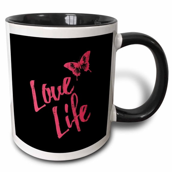 3drose, Love Life- Hot Pink Text and Butterfly on Black Background, 15oz Two-tone Black Mug