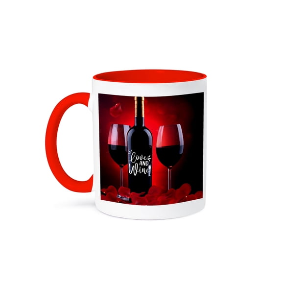 3dRose, Love and Wine Fun Wine Lovers Valentine with Bottle and Glass of Red, 11oz Two-Tone Red Mug