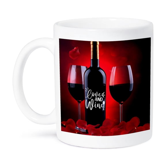 3dRose, Love and Wine Fun Wine Lovers Valentine with Bottle and Glass of Red, 15oz Mug