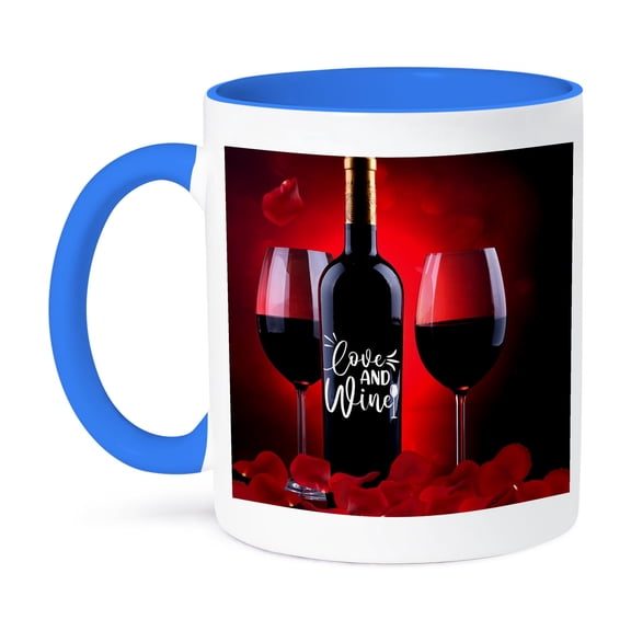 3dRose, Love and Wine Fun Wine Lovers Valentine with Bottle and Glass of Red, 15oz Two-Tone Blue Mug