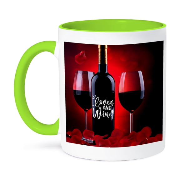 3dRose, Love and Wine Fun Wine Lovers Valentine with Bottle and Glass of Red, 15oz Two-Tone Green Mug
