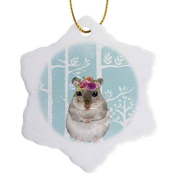 3drose, Lovely Animal Hamster with Flowers Illustration in Blue Forest, 3 inch Snowflake Porcelain Ornament