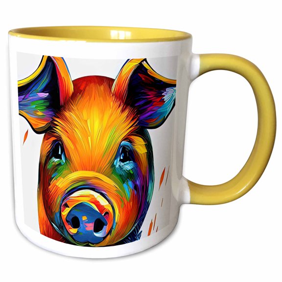 3drose, Lovely Colorful Pig Portrait. Funny Family-friendly Digital Art Gift, 15oz Two-tone Yellow Mug