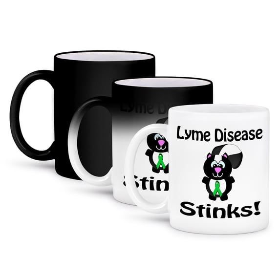3dRose, Lyme Disease Stinks Skunk Awareness Ribbon Cause Design, 11oz Magic Transforming Mug