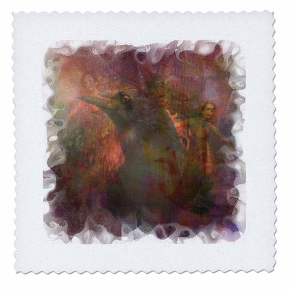 3dRose, MAGIC OF DAWN Raven Crow Mystery Fog Fairy Elf dancing dawn eos morning, 8x8 inch quilt square