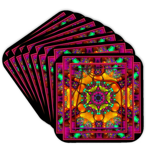 3dRose, MANDALA 2 psychedellic buddhism hinduism purple orange red NewAge fractal mandala multicoloured, Set of 8 Coasters - Soft