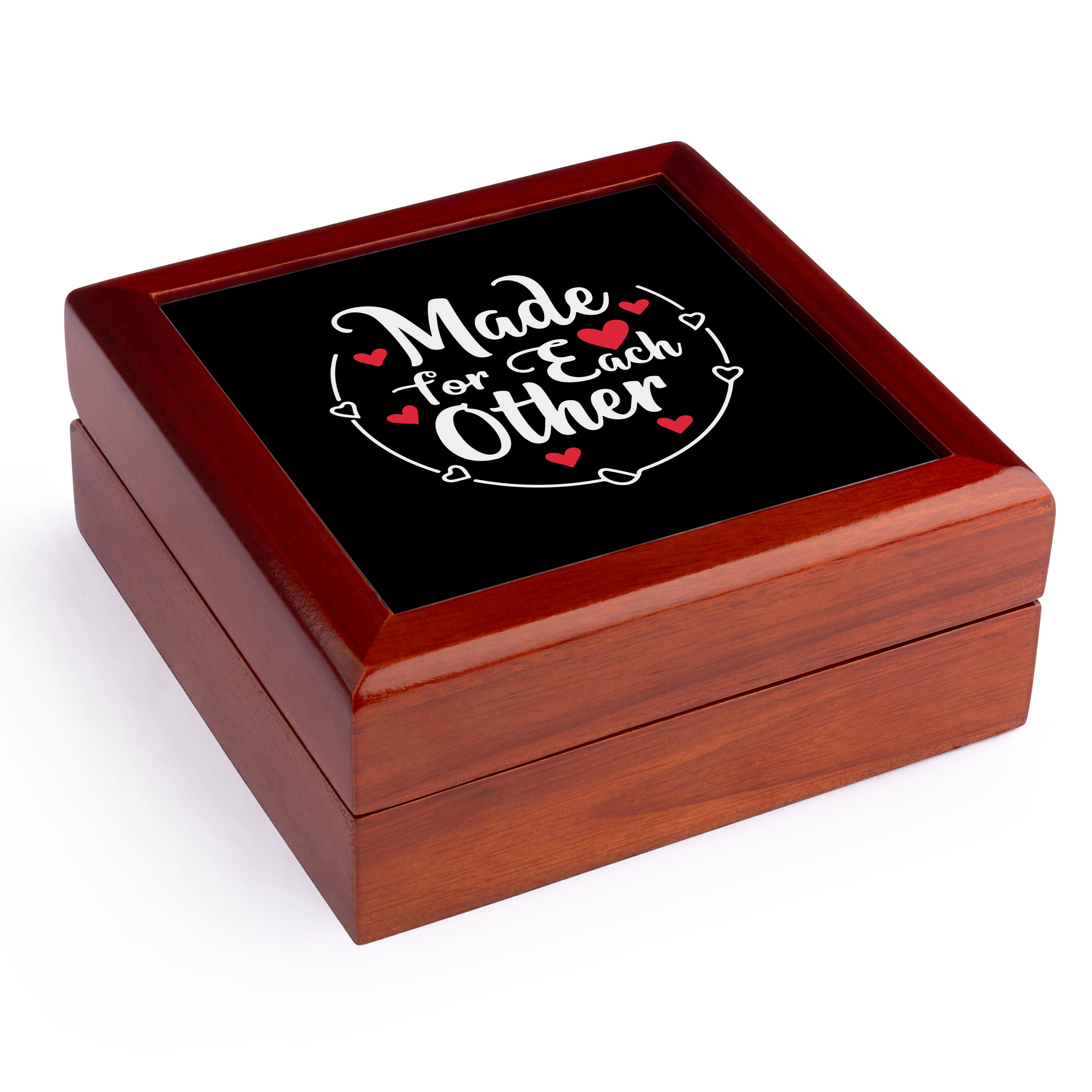 3dRose, Made for each other text, hearts, on black Valentine Day gift for all, Jewelry Box 5.5x5.5 inch with 4 inch tile
