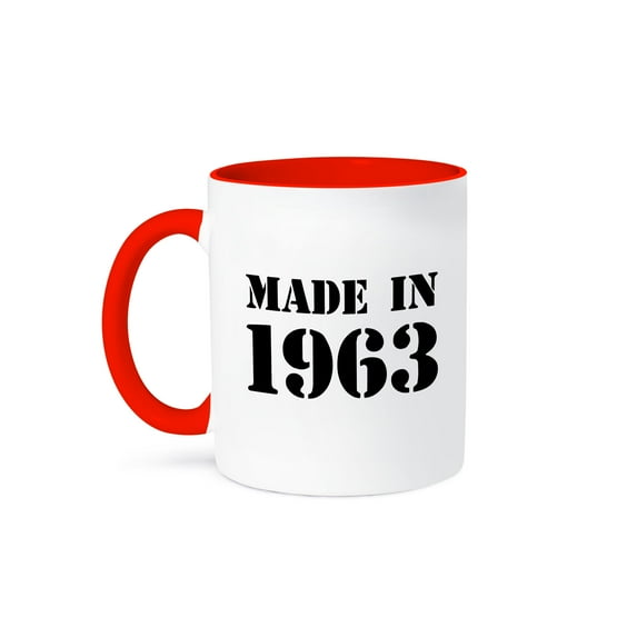 3dRose, Made in 1963 - funny birthday birth year text - fun black bday stamp with year you were born - humor, 11oz Two-Tone Red Mug