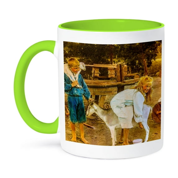 3dRose, Magic Lantern Slide Hand Tinted Children and Their Goats Vintage, 11oz Two-Tone Green Mug