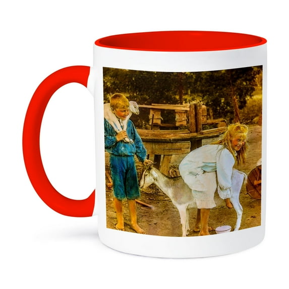 3dRose, Magic Lantern Slide Hand Tinted Children and Their Goats Vintage, 15oz Two-Tone Red Mug