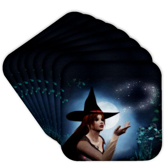 3drose, Magic Witch with Full Moon, Set of 8 Coasters - Soft