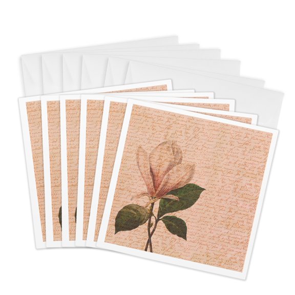 3dRose, Magnolia with script vintage floral, 6 Greeting Cards with envelopes