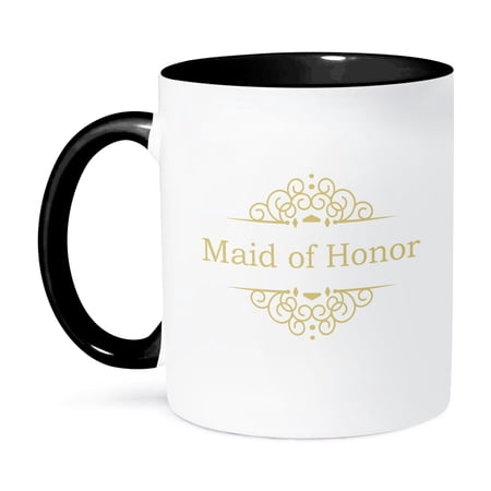 3dRose, Maid of Honor of the Wedding in gold - part of matching marriage party ceremony set - classy swirls, 11oz Two-Tone Black Mug