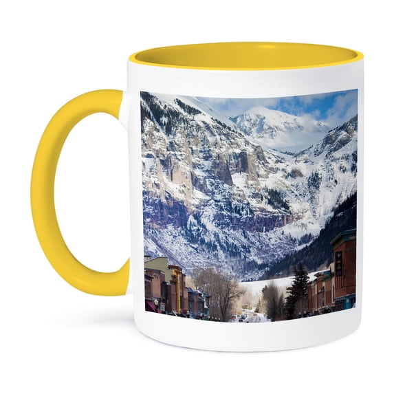 3dRose, Main Street, Ajax Peak, Telluride, Colorado, USA - US06 WBI0370 - Walter Bibikow, 11oz Two-Tone Yellow Mug