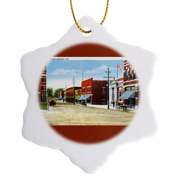 3drose, Main Street, Middlebury, Vermont Scene with Horses and Carriages, 3 inch Snowflake Porcelain Ornament