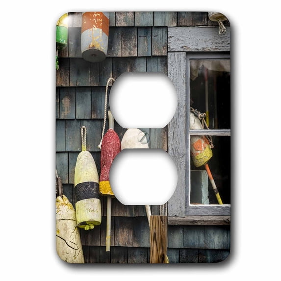 3dRose, Maine, Mt. Desert Island, Bernard. Lobster buoys., 2 plug outlet cover