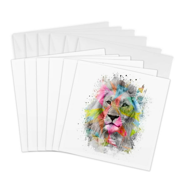 3dRose, Majestic Male Lion Portrait with colored polygons, 6 Greeting Cards with envelopes
